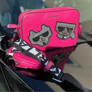 Karl Lagerfeld Fuchsia Crossbody with Cat and Character Design